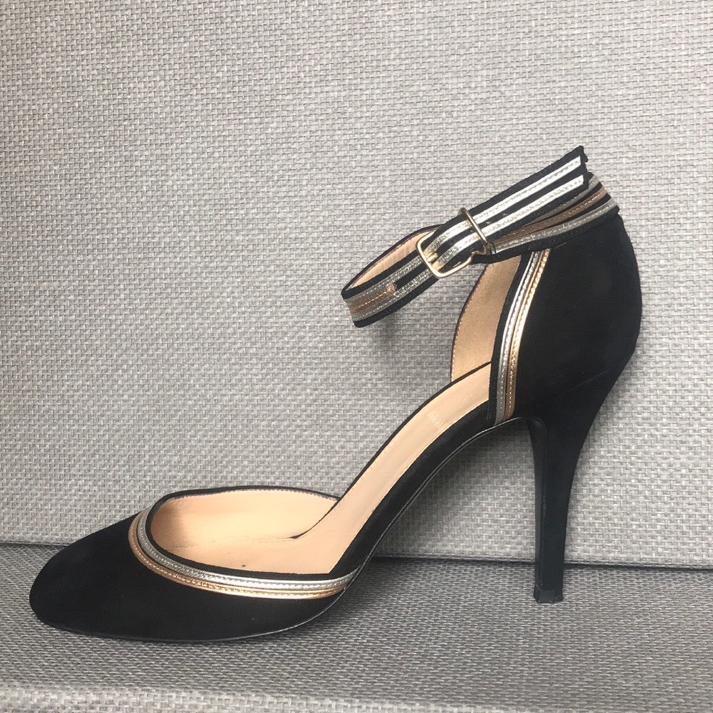 J crew Black Italian suede silver gold heel Sz 8/9